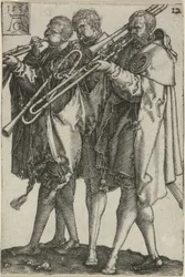 Trois trombonistes, planche douze de Les grands danseurs de mariage