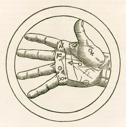 La main de la chiromancie, gravure tirée du De occulta philosophia libri tres (Trois livres de philosophie occulte) de Heinrich Cornelius Agrippa von Nettesheim (1486-1535), publié en 1533.