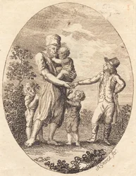 Un homme donne une pièce à boire à un homme avec deux enfants