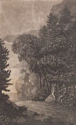 Paysage avec des rochers et de grands arbres, à droite deux hommes