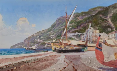 Amalfi, bateaux de pêche sur la plage / Aquarelle de H.Hermanns