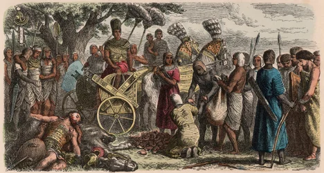 Égypte antique : les prisonniers amenés devant le pharaon victorieux Ramsès II pour se faire couper les mains, 1866