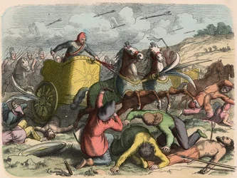 Orient ancien, char de guerre perse pendant une bataille