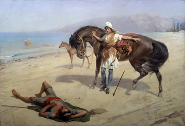 Amazone. Une amazone découvre sur le rivage un marin endormi. Peinture de Heinrich Maniser, huile sur toile. Art russe, 20e siècle. Regional M. Vrubel Art Museum, Omsk (Russie)