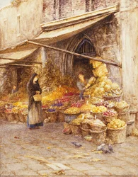 Un étal de fruits à la base du Campanile, San Giovanni Elemosinario, près du Rialto, Venise