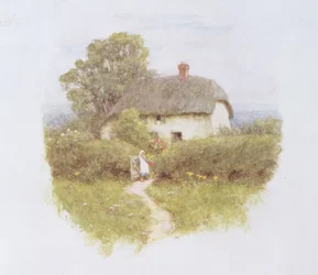 Jeune fille près de la porte du cottage