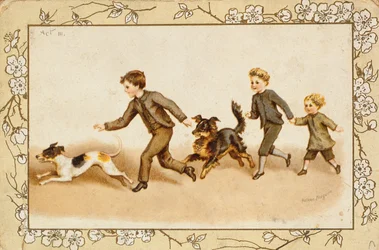 Carte de vœux représentant des enfants jouant avec leurs chiens