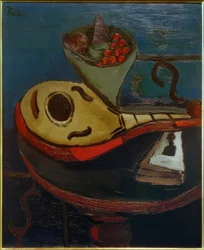 Nature morte : Mandoline et bol de fruits sur une table