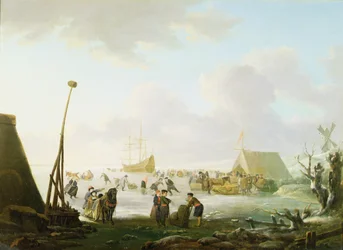 Un paysage étendu avec des traîneaux et des patineurs avec un navire bloqué dans la glace