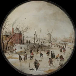 Rivière gelée avec patineurs