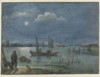 Paysage fluvial au clair de lune avec pêcheurs