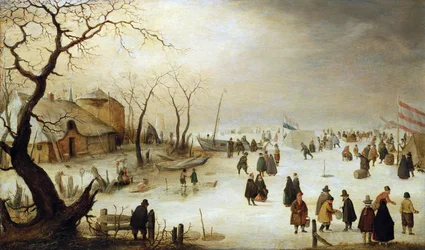 Paysage hivernal avec personnages et tentes sur la glace