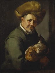 Vieil homme avec une poule