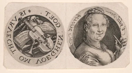 Buste de femme tenant une flûte et des instruments de musique, sur une feuille