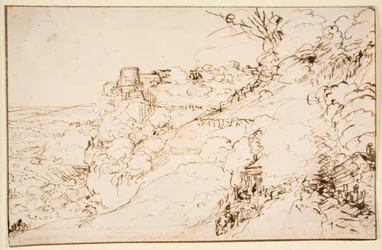 Paysage avec bâtiment semblable à un château sur un promontoire