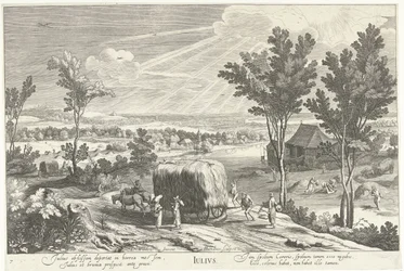 Juillet, avec des paysans dans un paysage