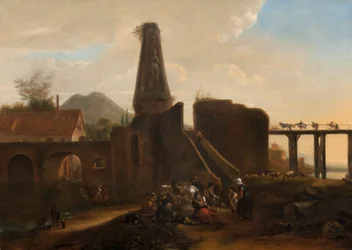 Voyageurs au repos à côté de ruines classiques