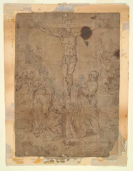 Christ en croix entre la Vierge et Saint Jean avec des scènes de la Passion en arrière-plan