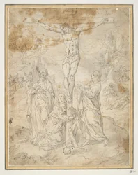Christ en croix entre la Vierge et Saint Jean avec des scènes de la Passion en arrière-plan