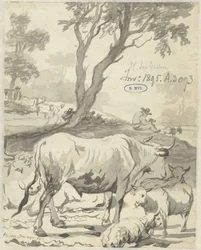 Berger avec vaches et moutons sous un arbre