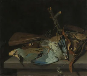 Nature morte avec accessoires de chasse et oiseaux