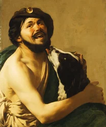 Un bravo riant avec un chien, 1628