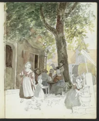 Rue de village avec un puits et des figures