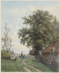 Ferme avec quelques figures, à droite une grange et un grand arbre