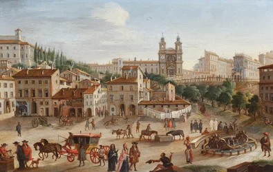 Rome, Santa Trinita dei Monti et la Piazza di Spagna (huile sur cuivre)