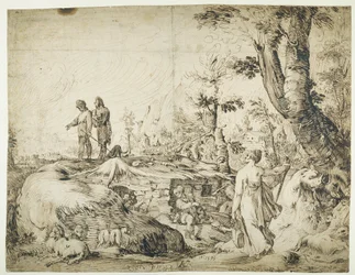 Paysage avec paysans près d