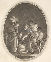 Salomé recevant la tête de Jean-Baptiste, entourée de trois hommes et d