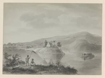 Vue sur une rivière avec quelques maisons, peut-être Berg en Dal