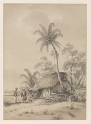 Cabane avec deux personnes et un chien