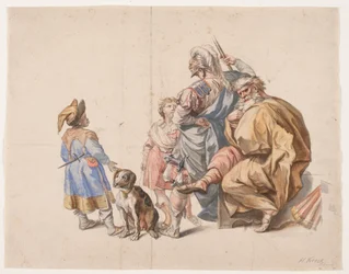 Composition de figures avec bouffon noir et chien