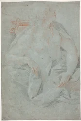 Femme à moitié nue drapée, tenant un masque. "La révélation de la vérité"