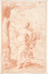 Bergère gravant dans un tronc d
