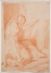 Femme écrivant dans un folio. (Fama)