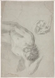 Étude de modèle masculin, allongé sur le dos, étude de genou et de draperie