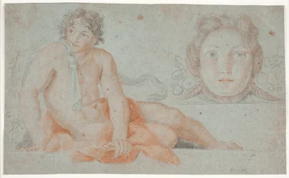 Jeune homme nu et tête féminine décorative