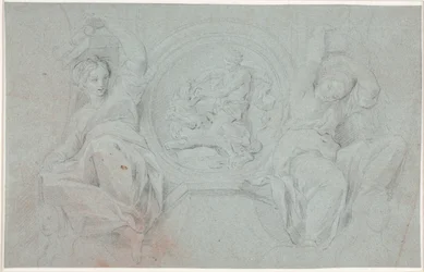 Deux figures féminines assises autour d