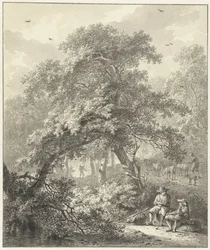 Paysage forestier avec des voyageurs se reposant sous un arbre