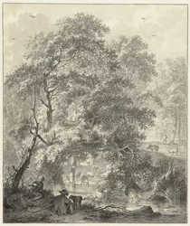 Paysage forestier avec deux garçons et un chien assis près de l