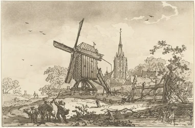 Paysage avec un moulin à vent et une église