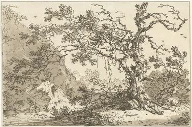 Voyageur se reposant avec son chien dans un paysage