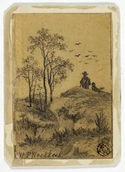 Chasseur et chien sur la colline regardant les oiseaux