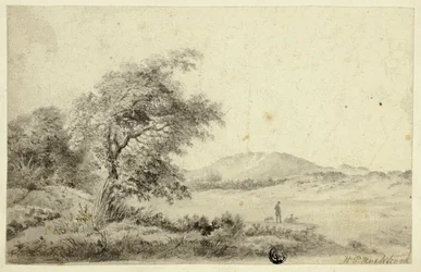 Paysage avec couple et chien