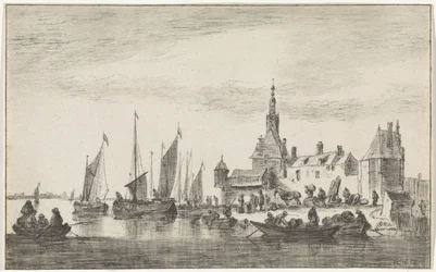 Vue de rivière avec commerçants sur une rive près des maisons