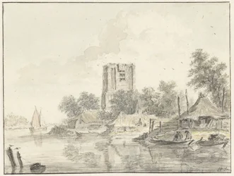 Paysage fluvial avec une grande tour d