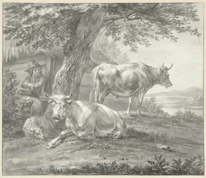 Deux vaches et deux moutons sous un arbre près d