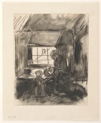 Intérieur avec femme et deux petits enfants